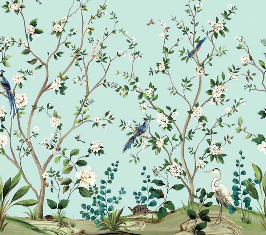 Heron Botanical Mural - Blue