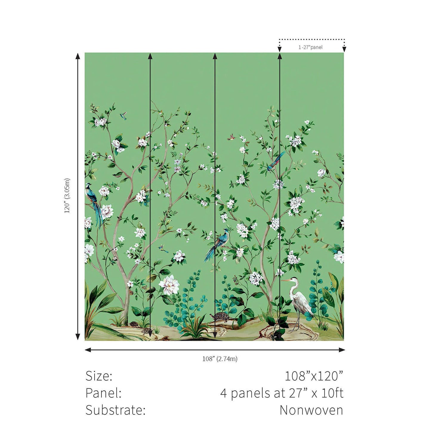 Heron Botanical Mural - Emerald Green