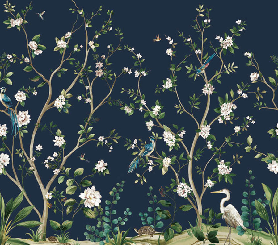 Heron Botanical Mural - Blue