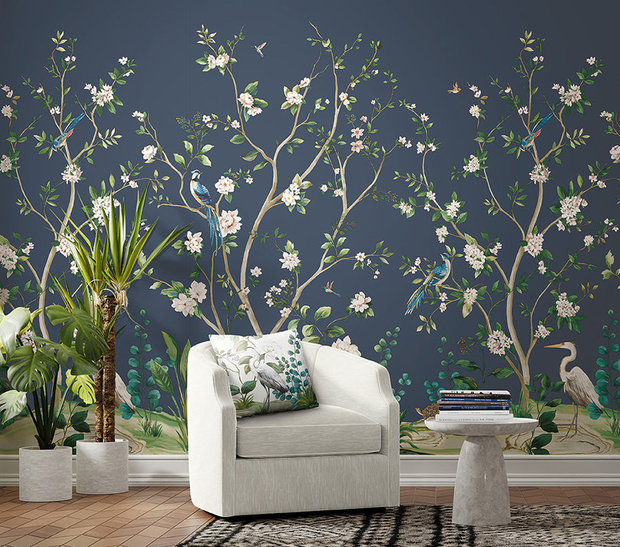 Heron Botanical Mural - Blue